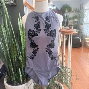 balera Lavender Gray Floral Print Halter Bodysuit